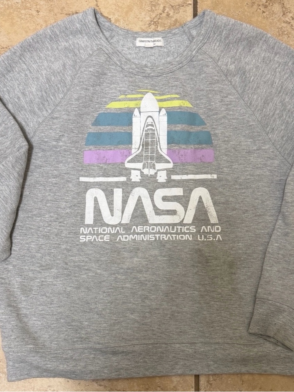 NASA Graphic Grey Sweatshirt with Colorful Stripe Shuttle, women’s Medium